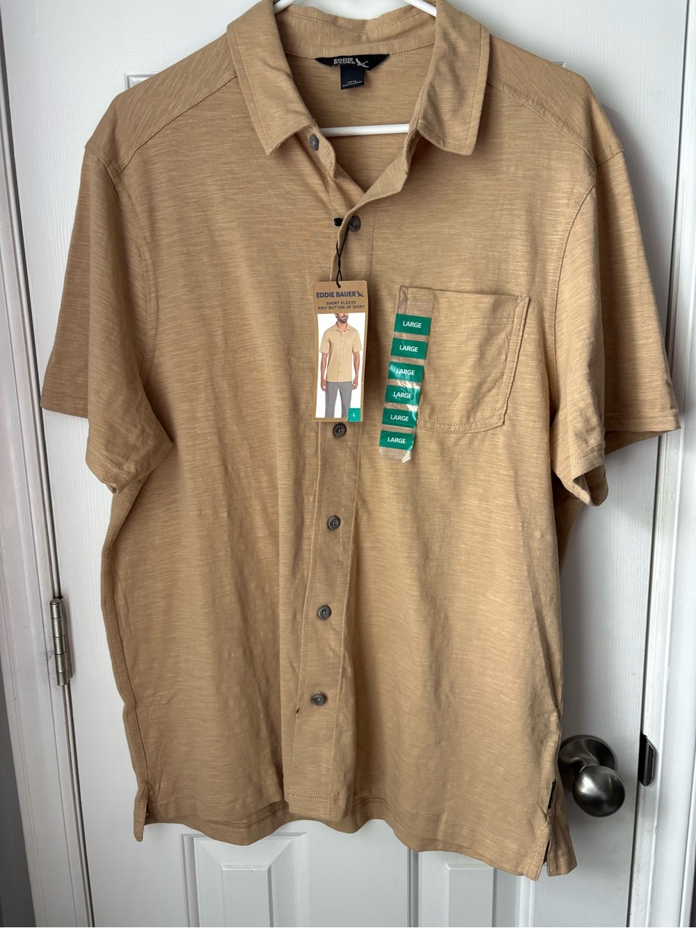 Eddie Bauer NWT Men’s Large Tan Knit Button Front Shirt 100% Cotton